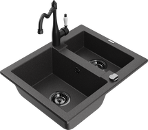 Mexen Carlos granite sink 1.5-bowl with Carla kitchen tap, speckled black - 6518-76-670700-70-B