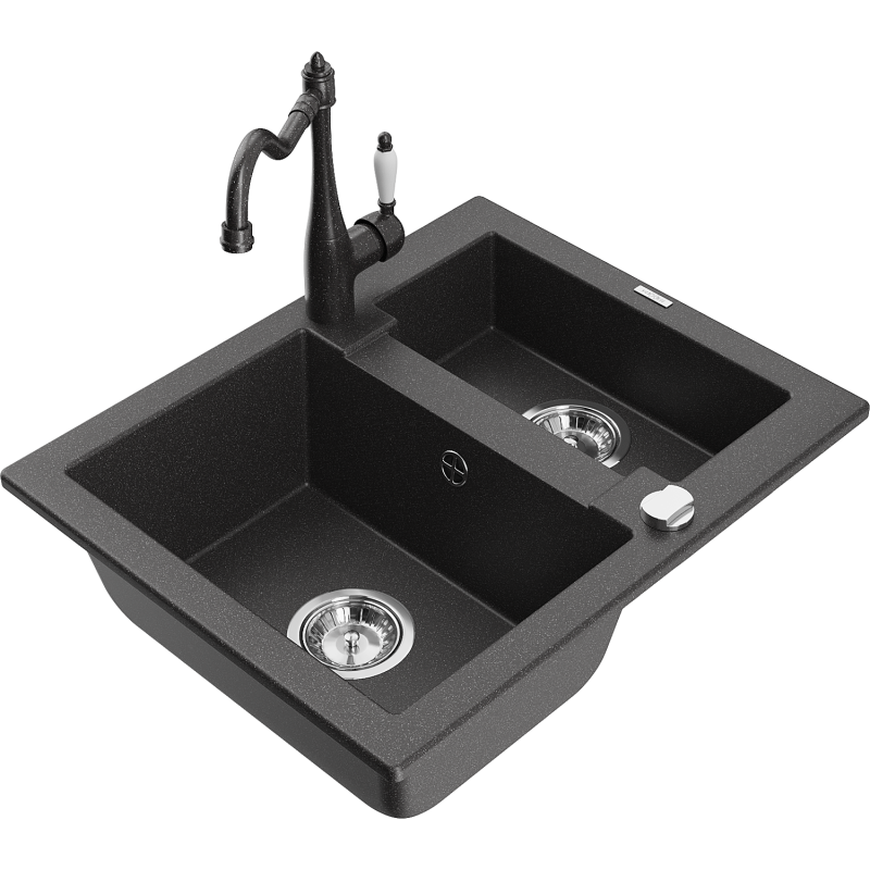 Mexen Carlos 1.5-bowl granite sink with Carla kitchen tap, black speckled - 6518-76-670700-76