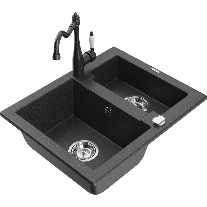 Mexen Carlos 1,5-compartment granite sink with a kitchen mixer tap Carla, spotted black - 6518-76-670700-76