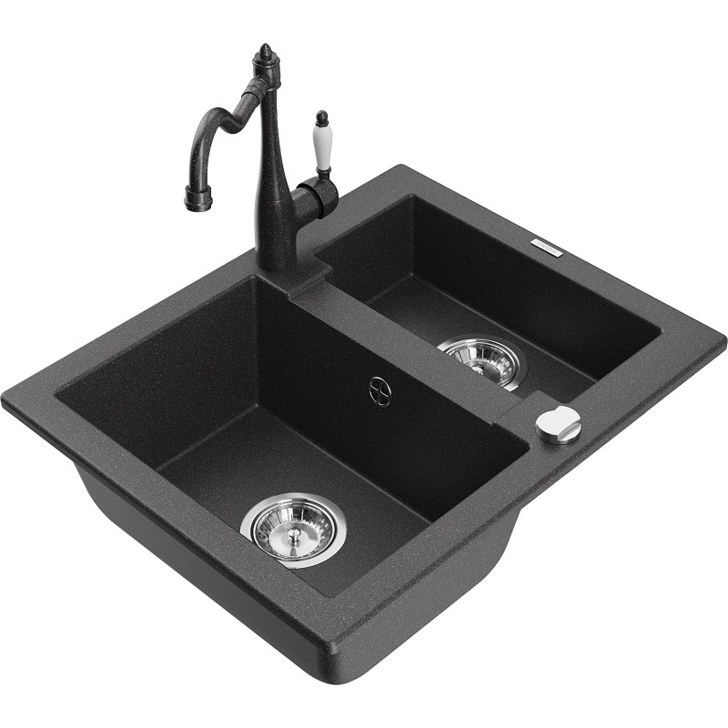 Mexen Carlos granite sink 1.5-bowl with kitchen faucet Carla, black speckled - 6518-76-670700-76