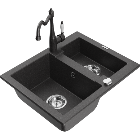 Mexen Carlos 1.5-Bowl Granite Kitchen Sink with Carla Kitchen Faucet, Black Speckled - 6518-76-670700-76