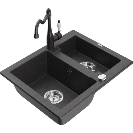 Mexen Carlos 1.5-bowl granite sink with Carla kitchen tap, black speckled - 6518-76-670700-76