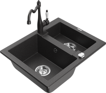 Mexen Carlos 1.5-Bowl Granite Kitchen Sink with Carla Kitchen Faucet, Black Speckled - 6518-76-670700-76