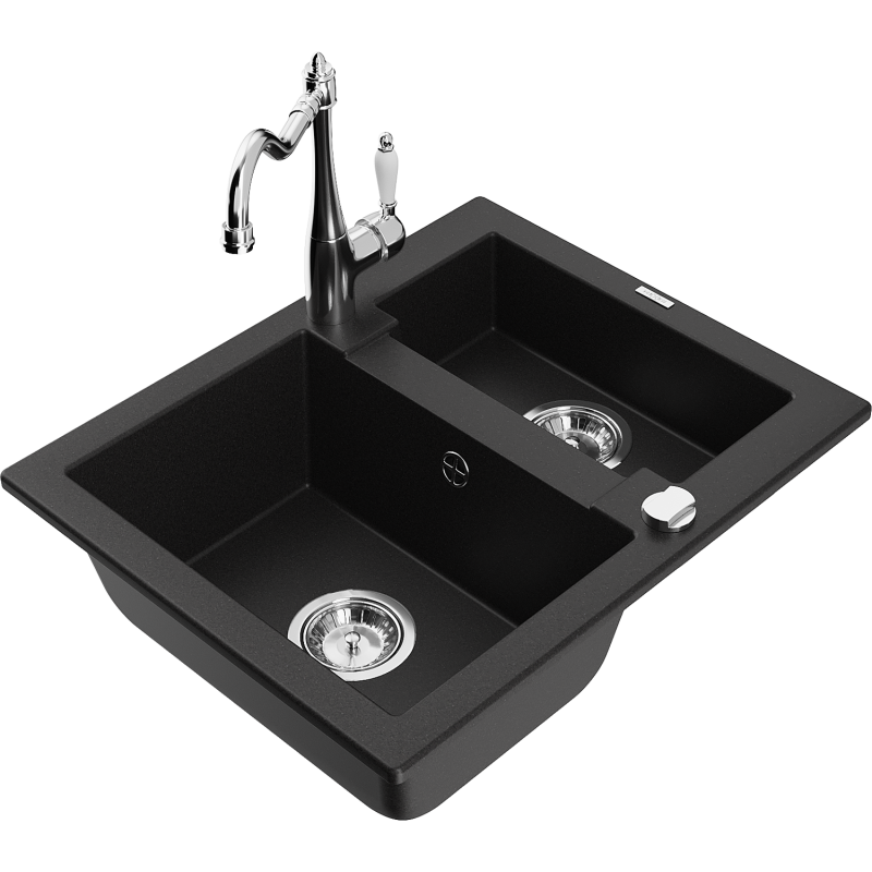 Mexen Carlos granite sink 1.5-bowl with Carla kitchen tap, black - 6518-77-670700-00