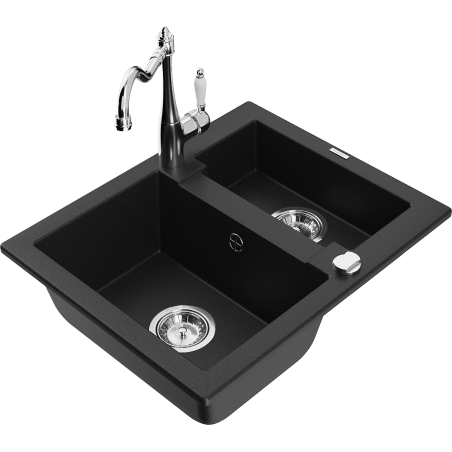 Mexen Carlos 1.5-bowl granite sink with kitchen faucet Carla, black - 6518-77-670700-00