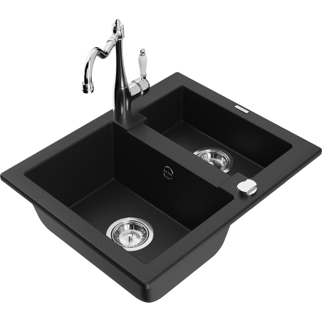 Mexen Carlos granite sink 1.5-bowl with kitchen faucet Carla, black - 6518-77-670700-00