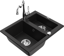 Mexen Carlos granite sink 1.5-bowl with Carla kitchen tap, black - 6518-77-670700-00