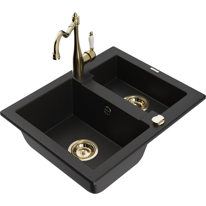 Mexen Carlos 1,5-compartment granite sink with a kitchen mixer tap Carla, Black - 6518-77-670700-50