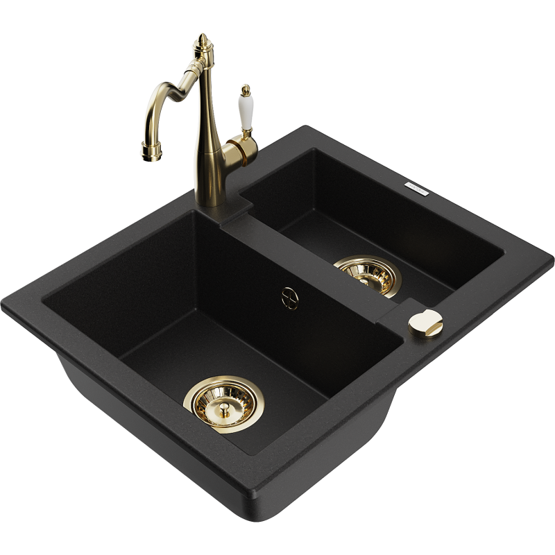 Mexen Carlos granite sink 1.5-bowl with Carla kitchen tap, black - 6518-77-670700-50
