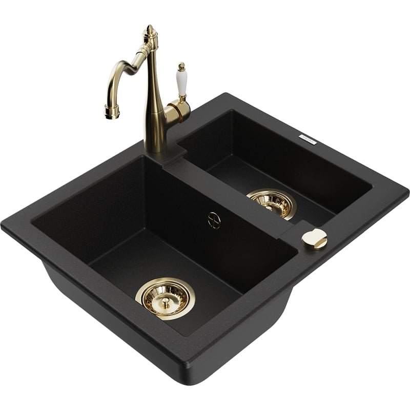 Mexen Carlos granite sink 1.5-bowl with kitchen faucet Carla, black - 6518-77-670700-50
