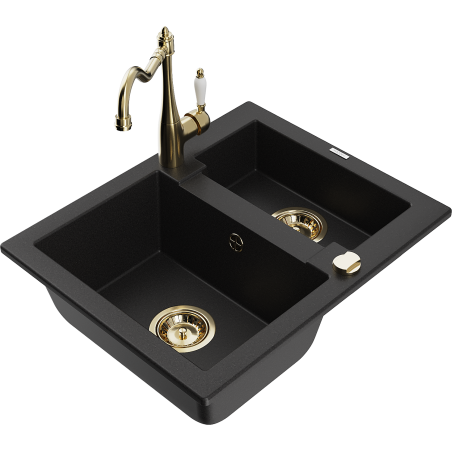 Mexen Carlos 1.5-bowl granite sink with Carla kitchen faucet, black - 6518-77-670700-50