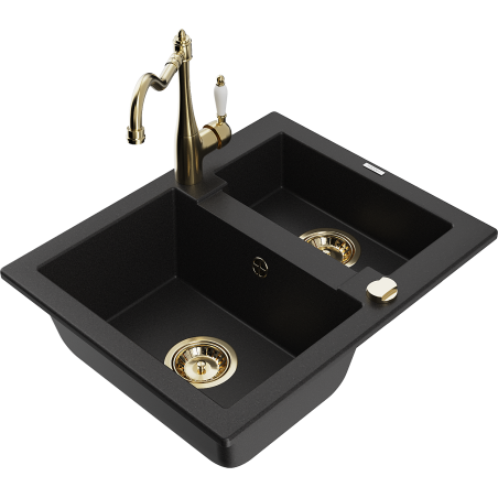 Mexen Carlos granite sink 1.5-bowl with Carla kitchen tap, black - 6518-77-670700-50
