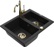 Mexen Carlos granite sink 1.5-bowl with Carla kitchen tap, black - 6518-77-670700-50