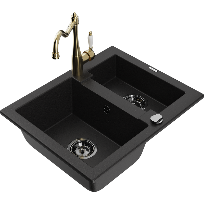 Mexen Carlos 1,5-compartment granite sink with a kitchen mixer tap Carla, Black - 6518-77-670700-50-B