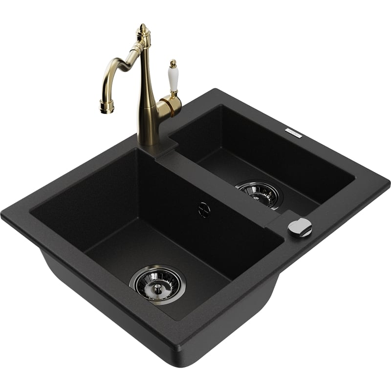 Mexen Carlos granite kitchen sink 1.5-bowl with Carla kitchen faucet, black - 6518-77-670700-50-B