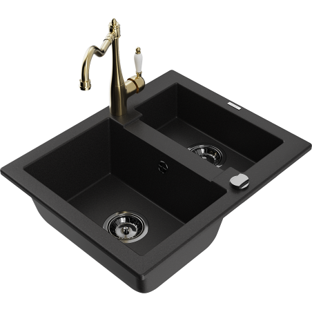 Mexen Carlos granite kitchen sink 1.5-bowl with Carla kitchen faucet, black - 6518-77-670700-50-B