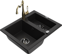 Mexen Carlos granite sink 1.5-bowl with Carla kitchen faucet, black - 6518-77-670700-50-B