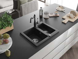 Mexen Carlos granite kitchen sink 1.5-bowl with Carla kitchen faucet, black - 6518-77-670700-70