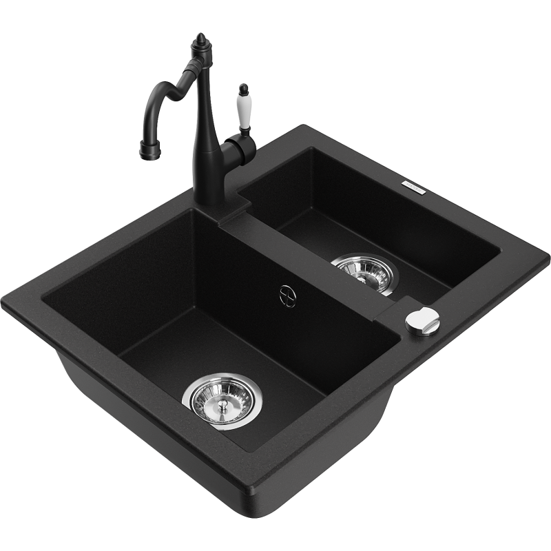 Mexen Carlos 1,5-compartment granite sink with a kitchen mixer tap Carla, Black - 6518-77-670700-70