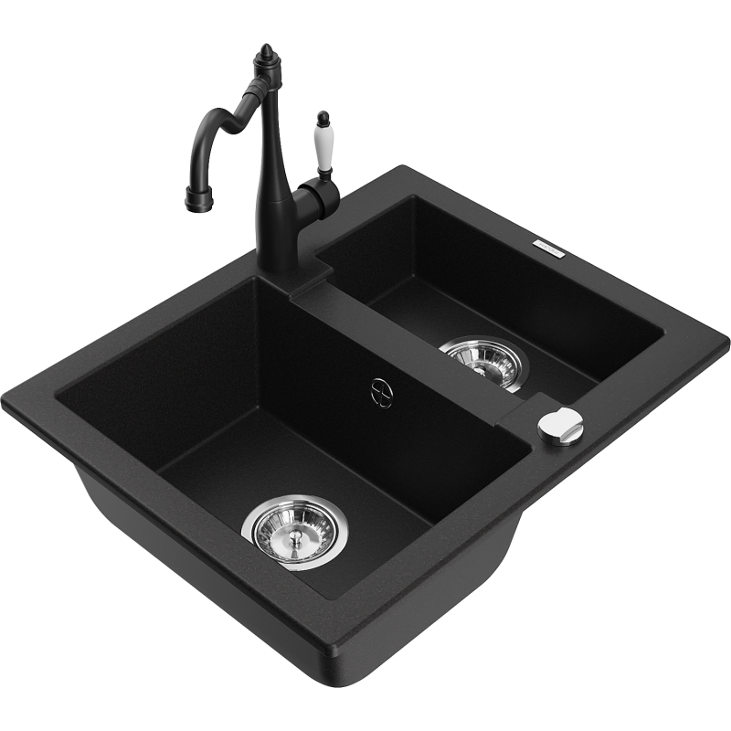 Mexen Carlos granite sink 1.5-bowl with Carla kitchen mixer tap, black - 6518-77-670700-70