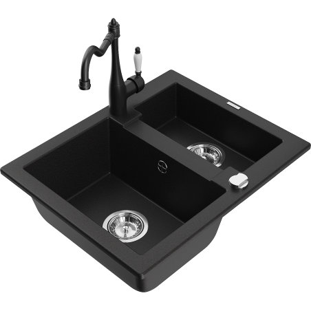 Mexen Carlos 1.5-bowl granite sink with kitchen faucet Carla, black - 6518-77-670700-70