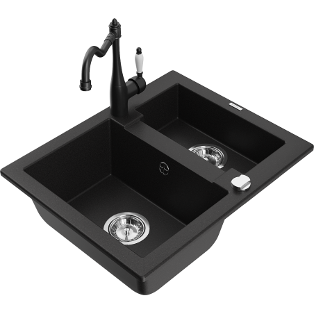 Mexen Carlos granite sink 1.5-bowl with Carla kitchen mixer tap, black - 6518-77-670700-70