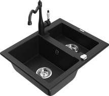 Mexen Carlos granite sink 1.5-bowl with Carla kitchen mixer tap, black - 6518-77-670700-70