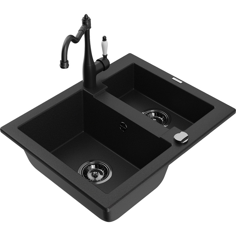 Mexen Carlos granite sink 1.5-bowl with kitchen faucet Carla, black - 6518-77-670700-70-B