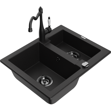 Mexen Carlos granite kitchen sink 1.5-bowl with Carla kitchen faucet, black - 6518-77-670700-70-B