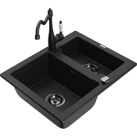 Mexen Carlos granite sink 1.5-bowl with kitchen faucet Carla, black - 6518-77-670700-70-B