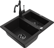 Mexen Carlos granite kitchen sink 1.5-bowl with Carla kitchen faucet, black - 6518-77-670700-70-B
