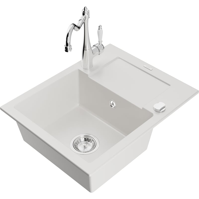 Mexen Enzo granite kitchen sink 1-bowl with drainer and kitchen faucet Carla, white - 6506-20-670700-00