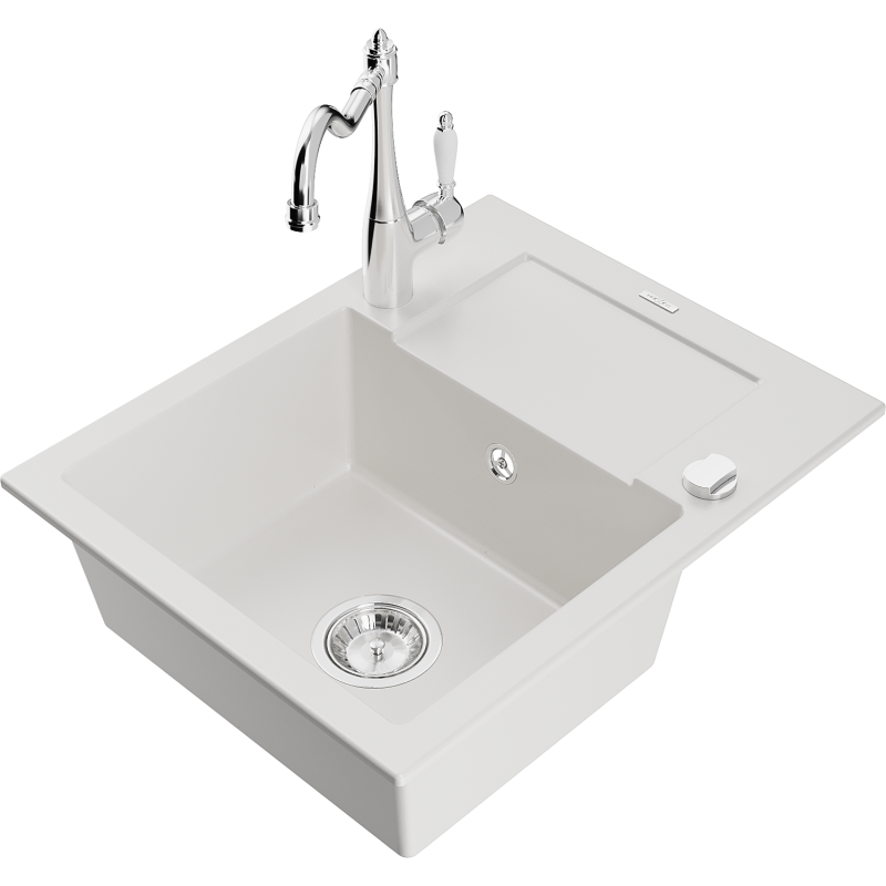 Mexen Enzo granite sink 1-bowl with drainer and Carla kitchen tap, white - 6506-20-670700-00