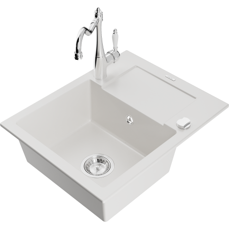 Mexen Enzo granite sink 1-bowl with drainer and Carla kitchen tap, white - 6506-20-670700-00