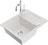 Mexen Enzo 1-compartment granite sink with a drip tray and kitchen mixer tap Carla, White - 6506-20-670700-00