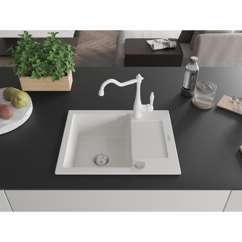 Mexen Enzo 1-bowl granite sink with drainer and Carla kitchen faucet, white - 6506-20-670700-20