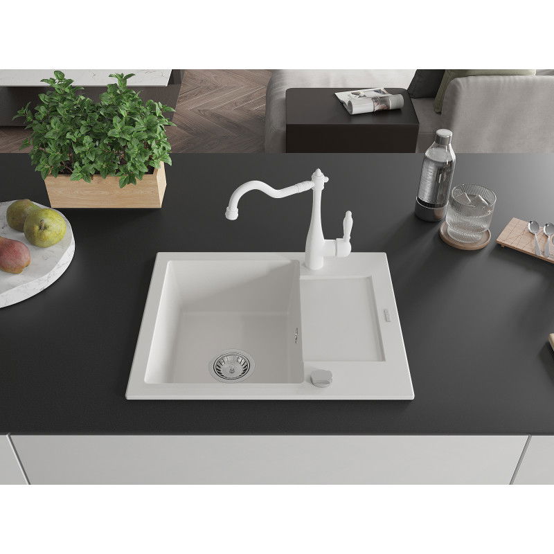 Mexen Enzo 1-bowl granite sink with drainer and Carla kitchen tap, white - 6506-20-670700-20