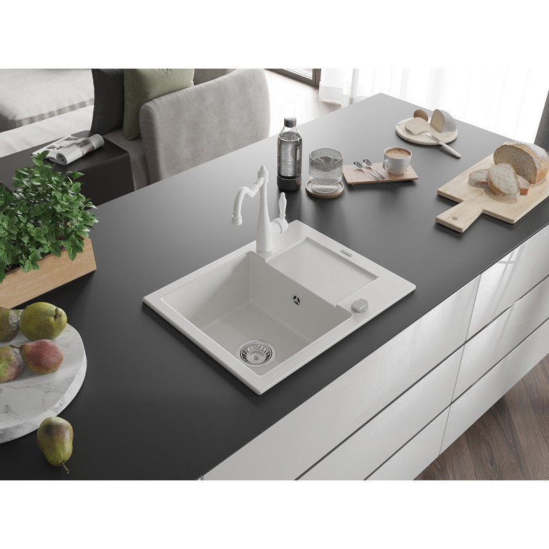 Mexen Enzo 1-bowl granite sink with drainer and Carla kitchen faucet, white - 6506-20-670700-20