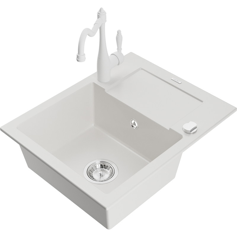 Mexen Enzo 1-bowl granite sink with drainer and Carla kitchen faucet, white - 6506-20-670700-20