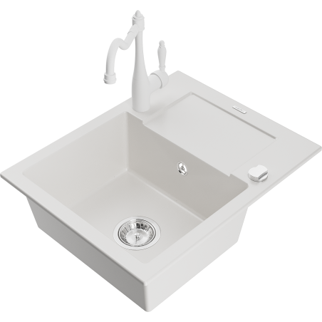 Mexen Enzo 1-bowl granite sink with drainer and Carla kitchen faucet, white - 6506-20-670700-20