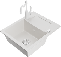 Mexen Enzo 1-compartment granite sink with a drip tray and kitchen mixer tap Carla, White - 6506-20-670700-20