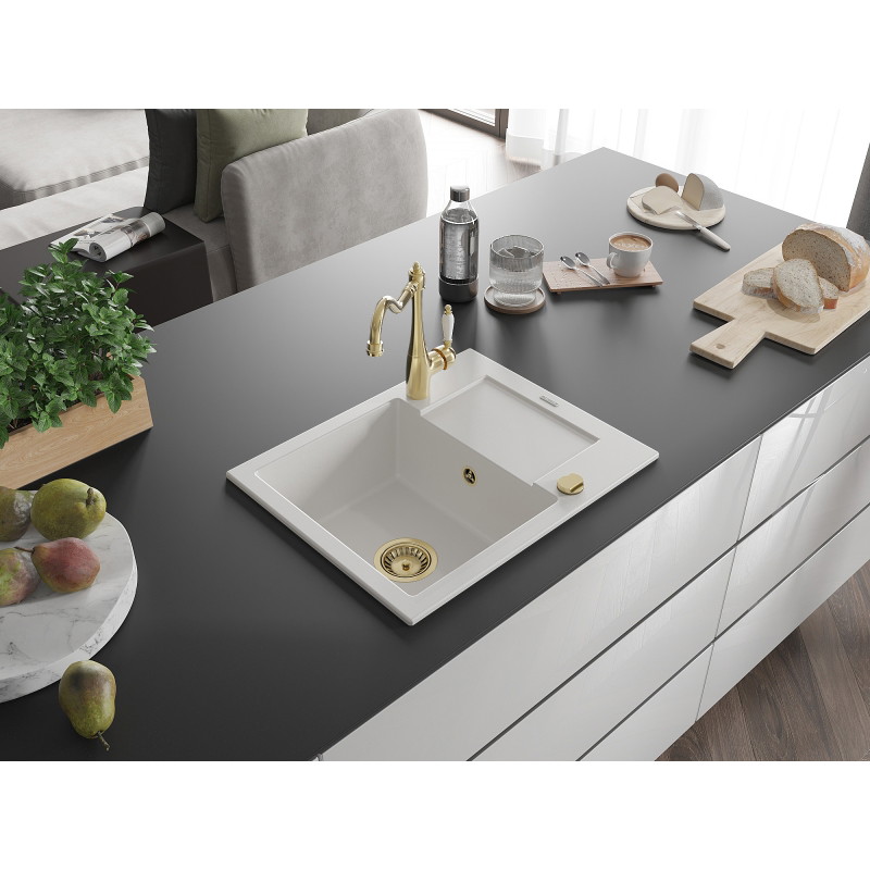 Mexen Enzo granite kitchen sink 1-bowl with drainer and kitchen faucet Carla, white - 6506-20-670700-50