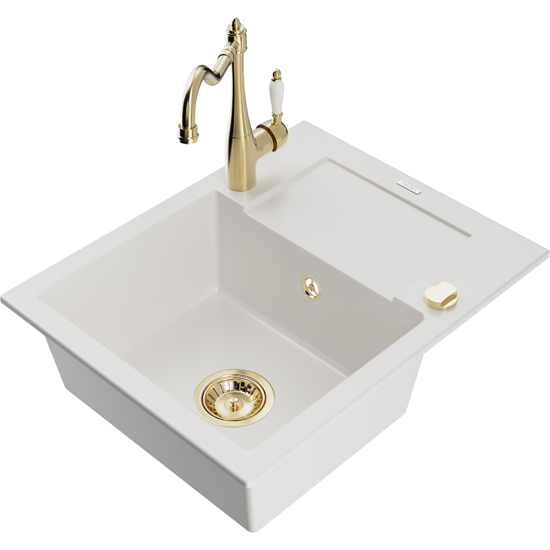 Mexen Enzo 1-bowl granite sink with drainer and Carla kitchen tap, white - 6506-20-670700-50