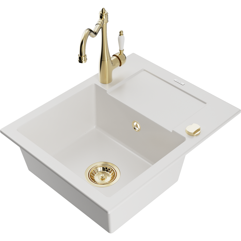 Mexen Enzo 1-compartment granite sink with a drip tray and kitchen mixer tap Carla, White - 6506-20-670700-50