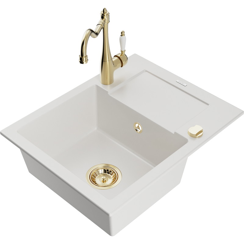 Mexen Enzo granite kitchen sink 1-bowl with drainer and kitchen faucet Carla, white - 6506-20-670700-50
