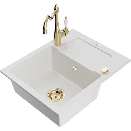Mexen Enzo 1-bowl granite sink with drainer and Carla kitchen tap, white - 6506-20-670700-50