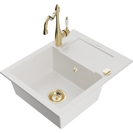 Mexen Enzo Carla Single-Bowl Granite Sink with Drainer and Kitchen Faucet, White - 6506-20-670700-50