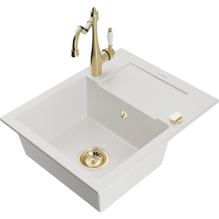 Mexen Enzo granite kitchen sink 1-bowl with drainer and kitchen faucet Carla, white - 6506-20-670700-50
