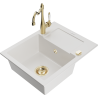 Mexen Enzo Carla Single-Bowl Granite Sink with Drainer and Kitchen Faucet, White - 6506-20-670700-50