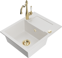 Mexen Enzo 1-compartment granite sink with a drip tray and kitchen mixer tap Carla, White - 6506-20-670700-50